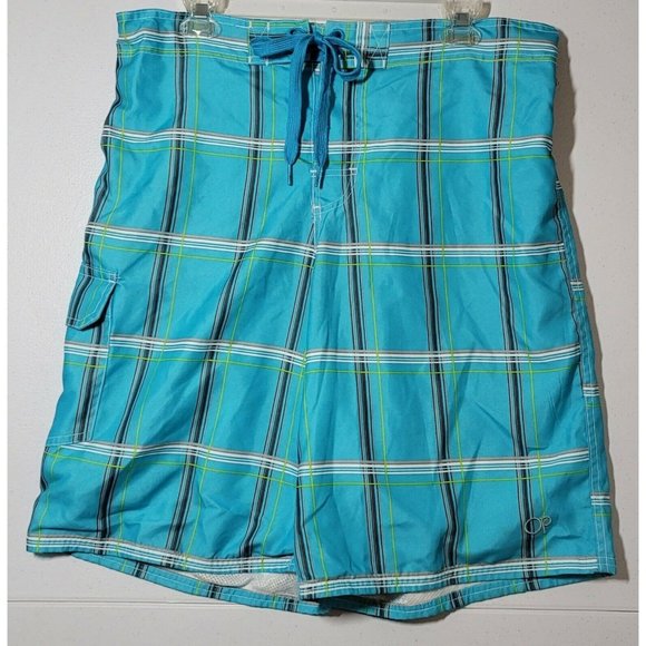 Ocean Pacific O.P. Men's Teal Multi-Color Plaid Board Shorts Size Med Surf Beach - Picture 1 of 6
